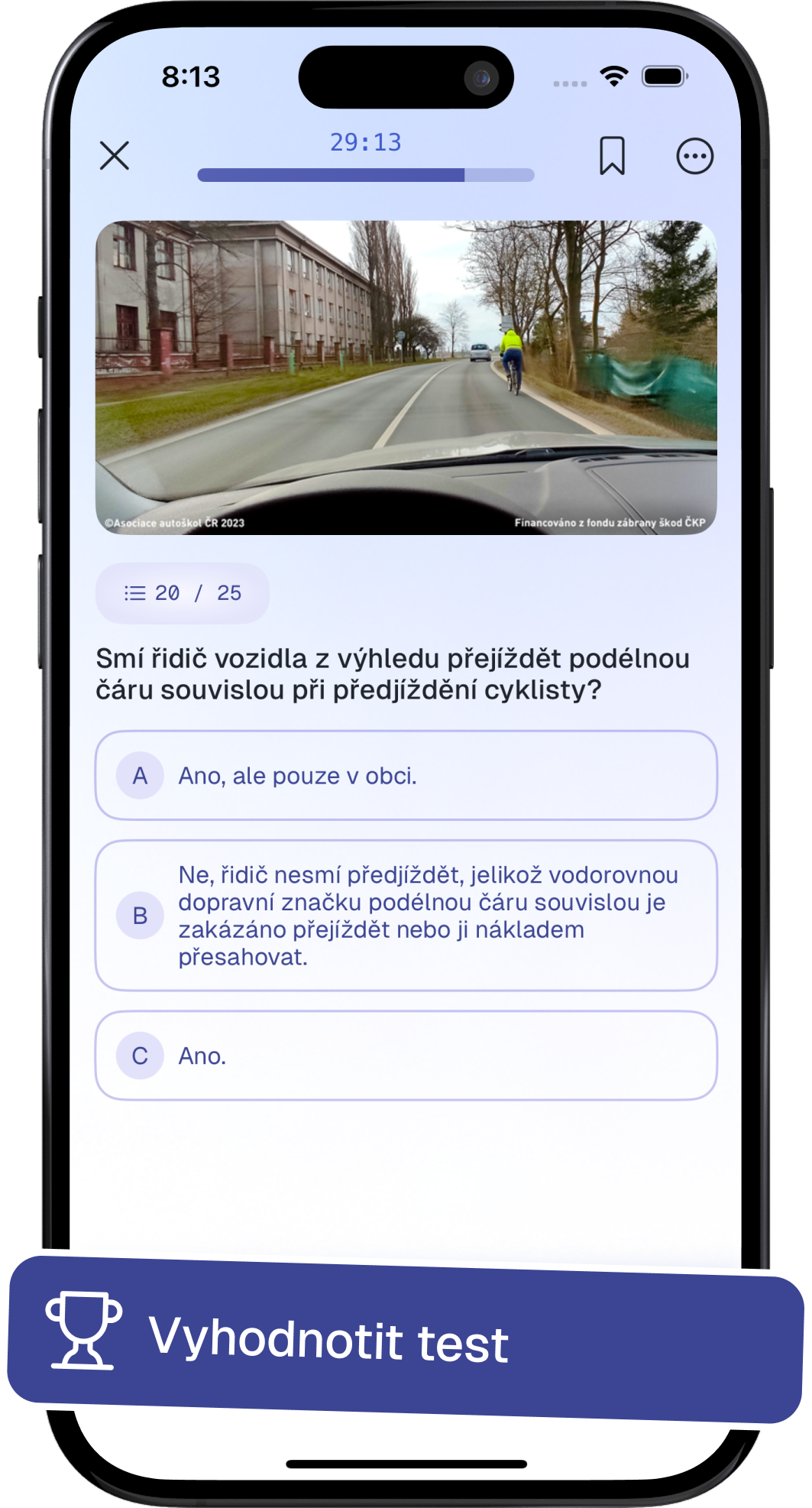 Otázka v režimu zkoušky v aplikaci Testys