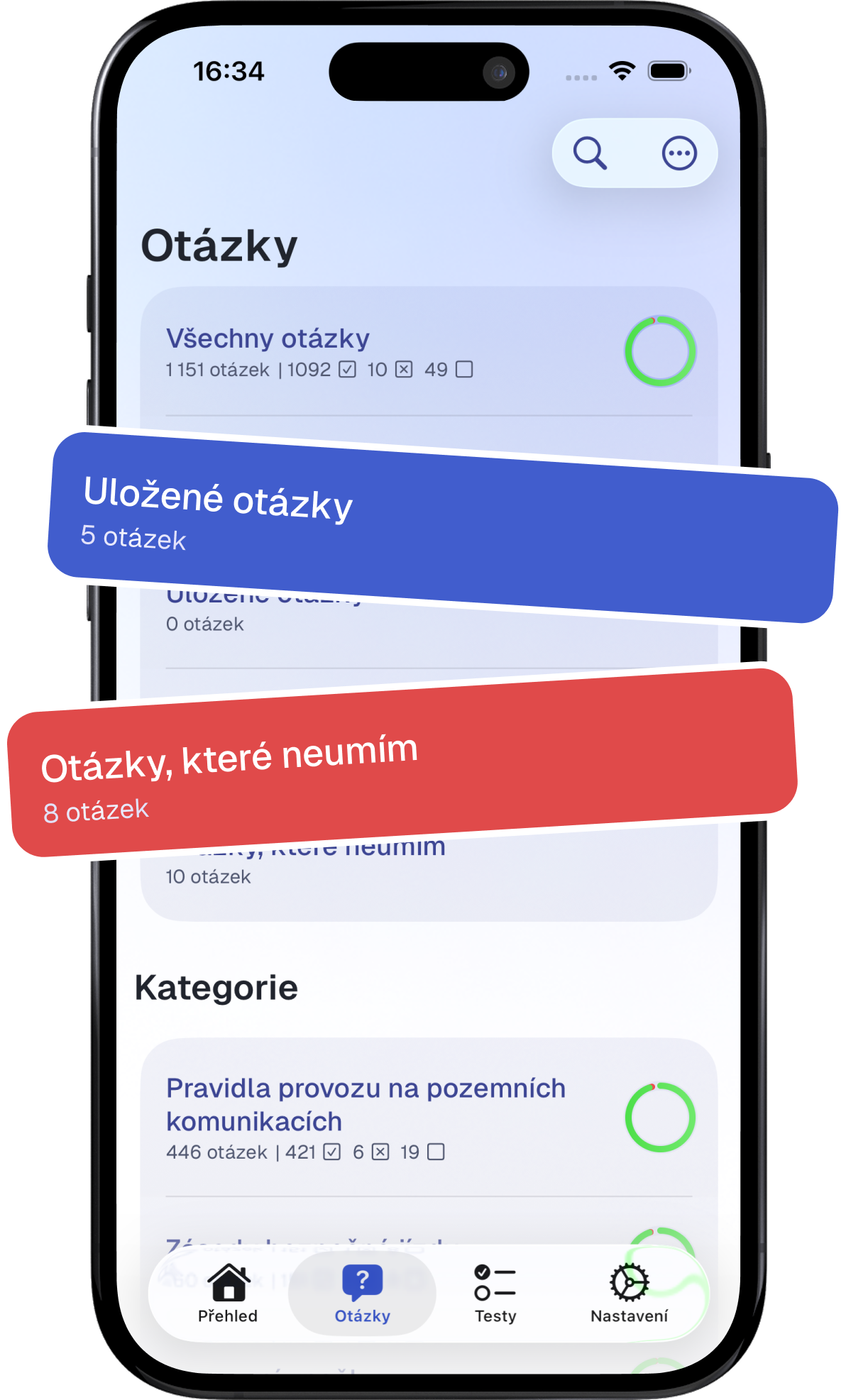 Kategorie a uložené otázky v aplikaci Testys