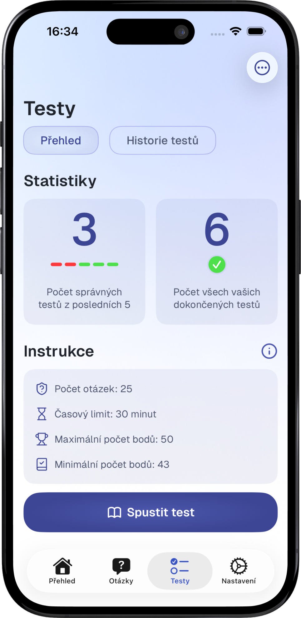 Statistiky testů v aplikaci Testys