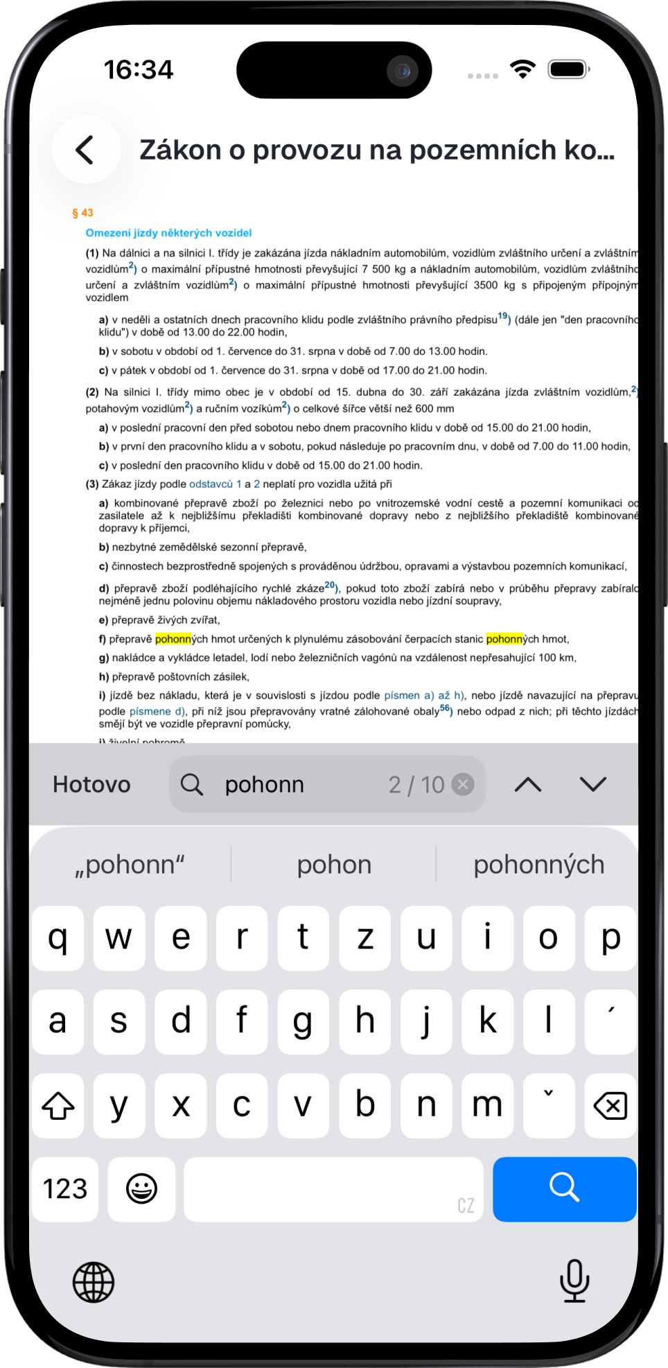 Vyhledávání v zákoně v aplikaci Testys